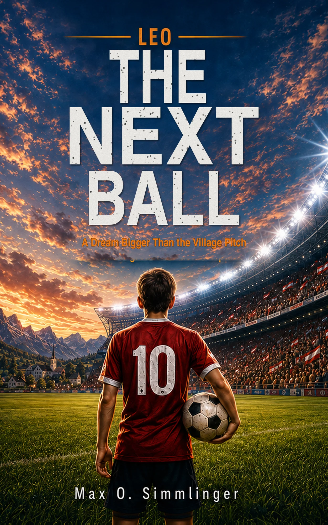 LEO – THE NEXT BALL book cover: a young football player in a red jersey faces a floodlit stadium